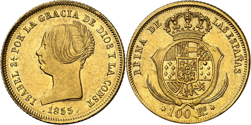 1855. Isabel II. Madrid. 100 reales. (AC. 781). Leves golpecitos. Parte de brill...