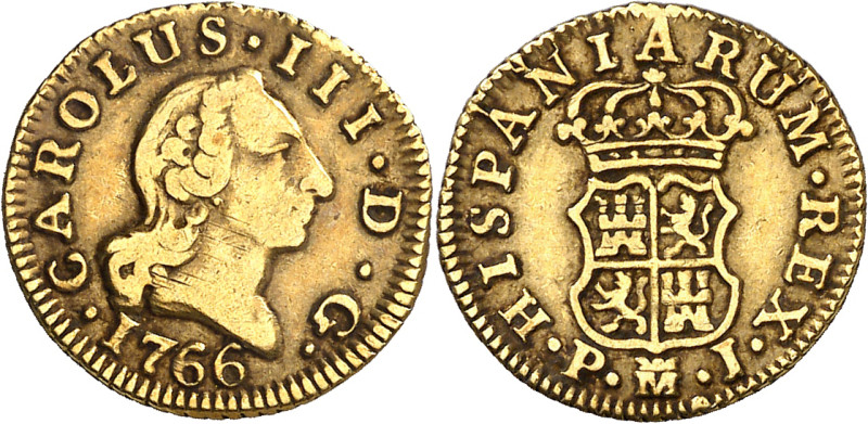 1766. Carlos III. Madrid. PJ. 1/2 escudo. (AC. 1250). Escasa. 1,76 g. MBC-/MBC.