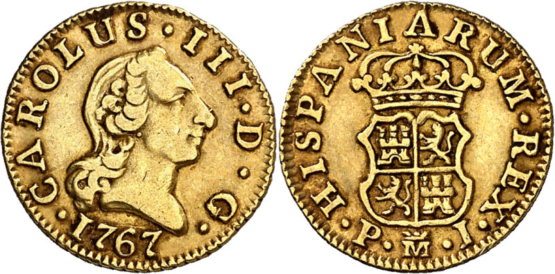 1767. Carlos III. Madrid. PJ. 1/2 escudo. (AC. 1251). Escaso. 1,74 g. MBC-/MBC.