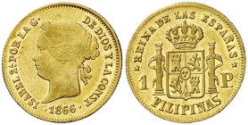 1866. Isabel II. Manila. 1 peso. (AC. 830). Leves rayitas en anverso. Bella. Brillo original. Ex Áureo & Calicó 04/12/2013, nº 2309. Muy escasa y más ...