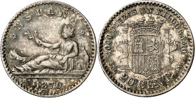 1870*70. Gobierno Provisional. SNM. 20 céntimos. (AC. 12). Parte de brillo original. Rara y más así. 0,99 g. EBC-.