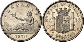 1870*1874. I República. DEM. 2 pesetas. (AC. 31). Parte de brillo original. 9,91 g. EBC-.