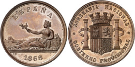 1868. Gobierno Provisional. (AC. 35). Prueba en cobre del duro de 1868. Grabador: Luis Marchioni. Bella. 24,65 g. S/C-.