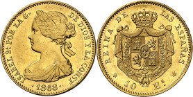 1868*1873. I República. 10 escudos. (AC. 41). A nombre de Isabel II. Bella. Brillo original. 8,41 g. EBC+.