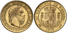 1875. Carlos VII, Pretendiente. Oñate. 10 céntimos. (AC. 4). Prueba en bronce dorado. Limadura en canto. Ex Áureo 15/03/2007, nº 1516. Ex Colección La...