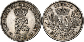 1876. Carlos VII, Pretendiente. Bruselas. 50 céntimos. (AC. 9). Bella. Rara. 2,47 g. EBC+.