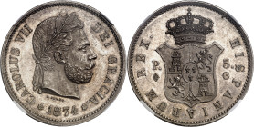 1874. Carlos VII, Pretendiente. Bruselas. 5 pesetas. (AC. 10). Canto liso. Escudito de Catalunya en reverso. En cápsula de la NGC como MS61, nº 468971...