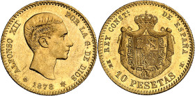 1878*1878. Alfonso XII. EMM. 10 pesetas. (AC. 65). Bella. Brillo original. Ex Áureo 26/01/1999, nº 1426. Rara así. 3,22 g. EBC.