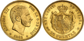 1882*1882. Alfonso XII. MSM. 25 pesetas. (AC. 85). Bella. Brillo original. Ex Áureo 07/03/2001, nº 2215. Muy escasa. 8,05 g. EBC+.