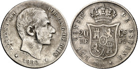 1880. Alfonso XII. Manila. 20 centavos. (AC. 103). Rara. 4,94 g. MBC.