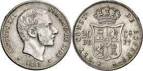 1882. Alfonso XII. Manila. 20 centavos. (AC. 107). Leves marquitas. Buen ejemplar. 5,04 g. MBC+.