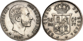 1883. Alfonso XII. Manila. 20 centavos. (AC. 109). Atractiva. Ex Áureo 05/03/2003, nº 1456. Escasa así. 5,15 g. EBC-/MBC+.