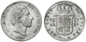 1884. Alfonso XII. Manila. 20 centavos. (AC. 110). Ex Áureo 04/07/2006, nº 2510. Rara. 5,11 g. MBC/MBC+.