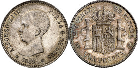 1889*1889. Alfonso XIII. MPM. 1 peseta. (AC. 52). Leves marquitas. Pátina. Bella. Brillo original. Rara y más así. 4,92 g. EBC.