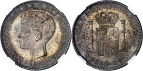 1895. Alfonso XIII. Puerto Rico. PGV. 1 peso. (AC. 128). En cápsula de la NGC como MS61, nº 4483836-001. Pátina. Rara y más así. EBC-.