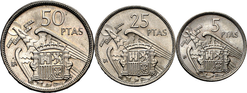 1957. Franco. BA (Barcelona). 5, 25 y 50 pesetas. (AC. 154 a 156). I Exposición ...