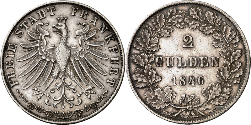 Alemania. Frankfurt del Meno. 1846. 2 gulden. (Kr. 333). Escasa. AG. 21,12 g. MB...