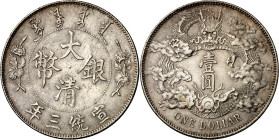 China. Ching Kiang. Año 3 (1911). Hsüan-T'ung. 1 dólar. (Kr. 31). Escasa. AG. 26,89 g. EBC-.