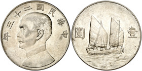 China. Año 23 (1934). 1 dólar. (Kr. 345). Sun-Yat Sen. AG. 26,63 g. S/C-.