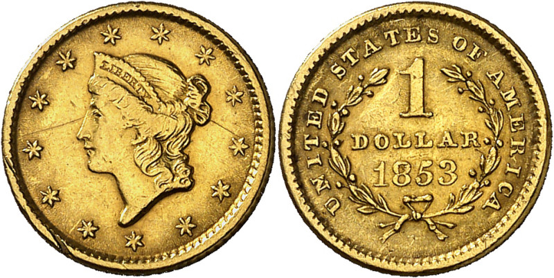 Estados Unidos. 1853. 1 dólar. (Fr. 84) (Kr. 73). AU. 1,65 g. MBC/MBC+.