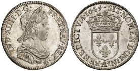 Francia. 1645/4. Luis XIV. A (París). 1/4 écu. (Kr. 161.1 var). Bella. Brillo original. Rara así. AG. 6,81 g. S/C-.