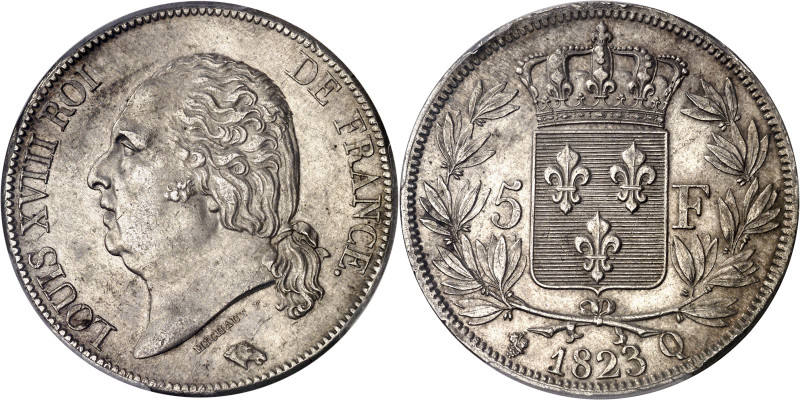 Francia. 1823. Luis XVIII. Q (Perpignan). 5 francos. (Kr. 711.11). En cápsula de...