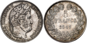 Francia. 1847. Luis Felipe I. A (París). 5 francos. (Kr. 749.1). En cápsula de la PCGS como Genuine Cleaning-AU Details, nº 156397.92/28036793. AG. MB...