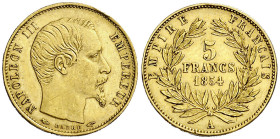 Francia. 1854. Napoleón III. A (París). 5 francos. (Fr. 578) (Kr. 783). Ex Áureo & Calicó 20/03/2014, nº 4066. Escasa. AU. 1,61 g. MBC+.