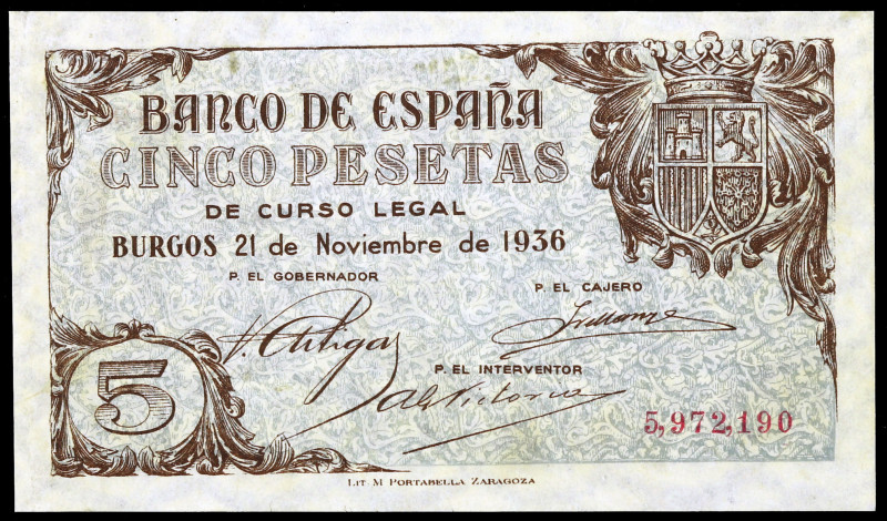 1936. Burgos. 5 pesetas. (Ed. D18) (Ed. 417). 21 de noviembre. Leve doblez izqui...