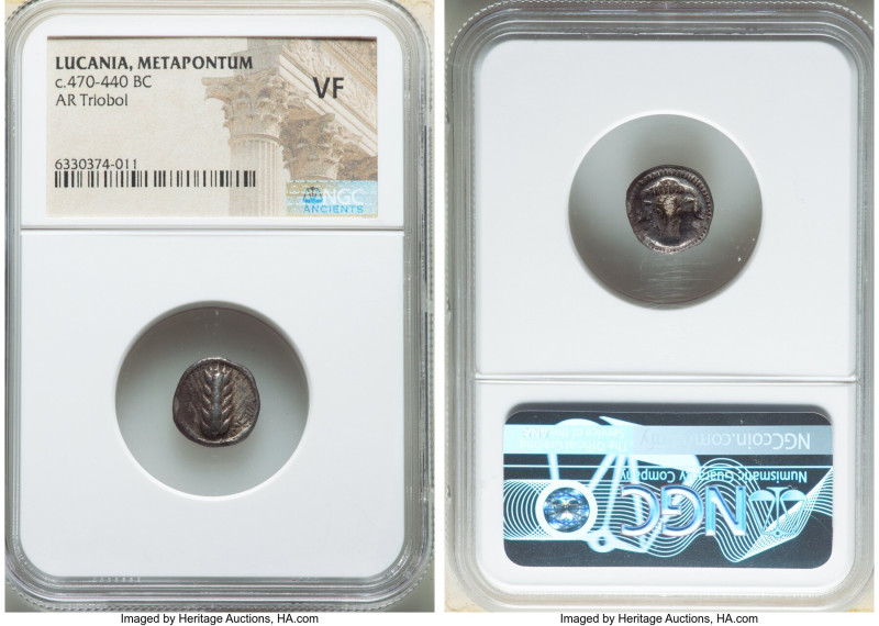 LUCANIA. Metapontum. Ca. 470-440 BC. AR triobol (13mm, 6h). NGC VF. META, ear of...