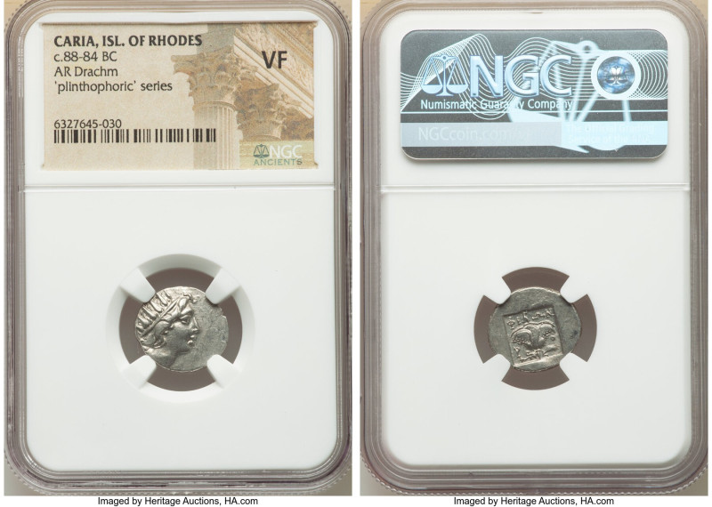 CARIAN ISLANDS. Rhodes. Ca. 88-84 BC. AR drachm (16mm, 11h). NGC VF. Plinthophor...