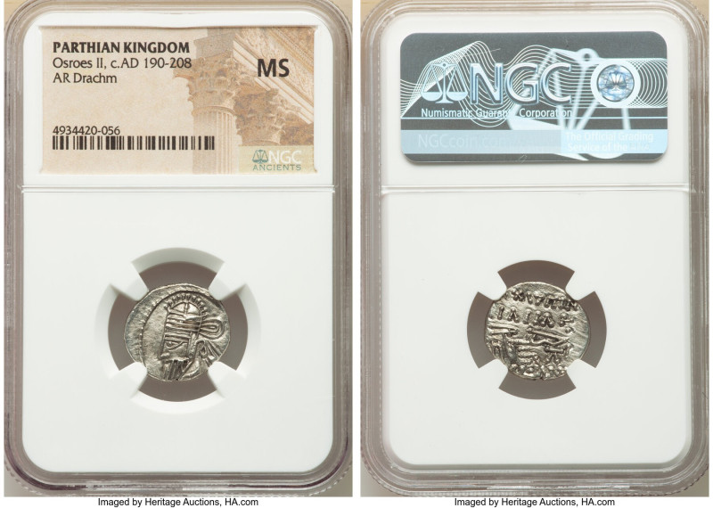 PARTHIAN KINGDOM. Osroes II (ca. AD 190-208). AR drachm (18mm, 12h). NGC MS. Ecb...