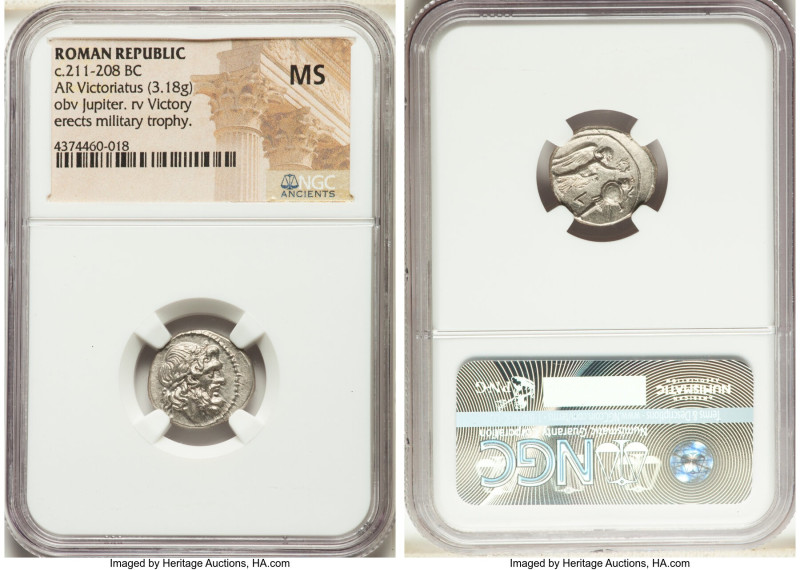 Anonymous. Ca. 211-208 BC. AR victoriatus (16mm, 3.18 gm, 8h). NGC MS. Luceria. ...