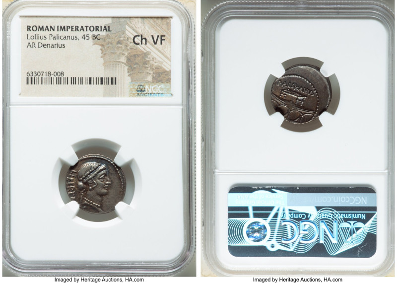 Lollius Palicanus (ca. 45 BC). AR denarius (19mm, 7h). NGC Choice VF. Rome. LIBE...