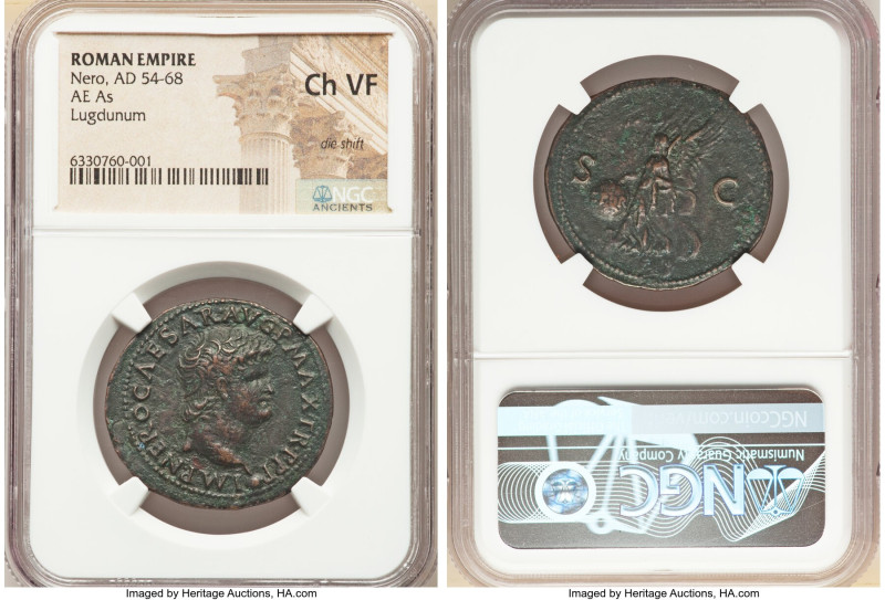 Nero, as Augustus (AD 54-68). AE as (31mm, 6h). NGC Choice VF, die shift. Lugdun...