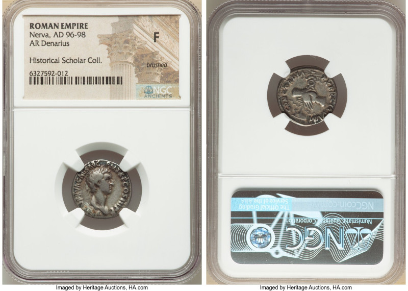 Nerva (AD 96-98). AR denarius (18mm, 7h). NGC Fine, brushed. Rome, AD 97. IMP NE...