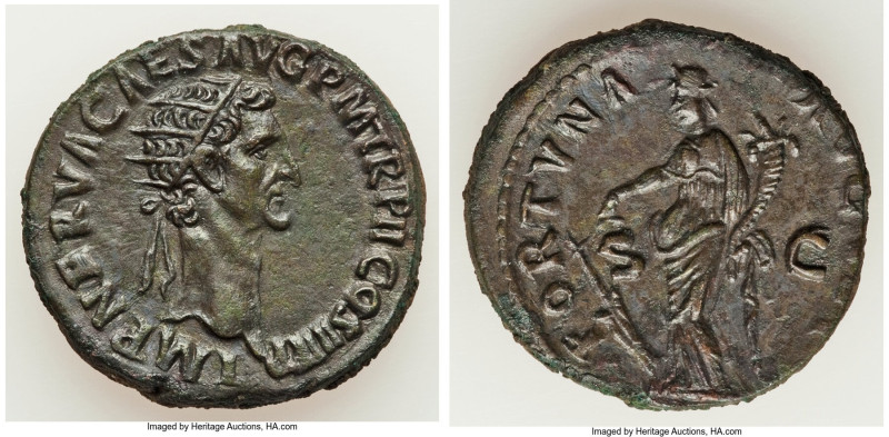 Nerva (AD 96-98). AE dupondius (27mm, 13.79 gm, 6h). Choice VF, tooled. Rome, 96...