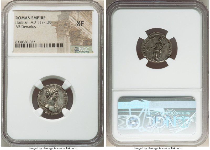 Hadrian (AD 117-138). AR denarius (18mm, 7h). NGC XF. Rome, AD 117. IMP CAES TRA...