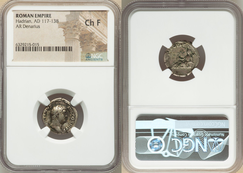 Hadrian (AD 117-138). AR denarius (18mm, 6h). NGC Choice Fine. Rome, AD 107-108....