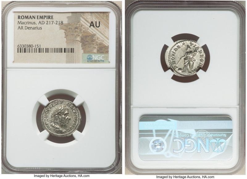 Macrinus (AD 217-218). AR denarius (19mm, 6h). NGC AU. Rome, AD 217-218. IMP C M...