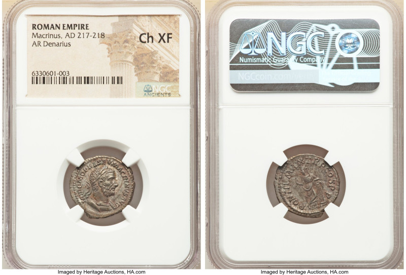 Macrinus (AD 217-218). AR denarius (19mm, 11h). NGC Choice XF. Rome, April-Decem...