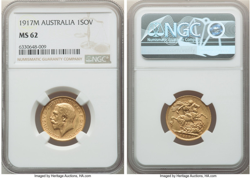 George V gold Sovereign 1917-M MS62 NGC, Melbourne mint, KM29, S-3999. Muted lus...