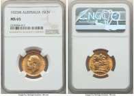 George V gold Sovereign 1925-M MS65 NGC, Melbourne mint, KM29, S-3999. Lustrous with olive tone. 

HID09801242017

© 2022 Heritage Auctions | All Righ...