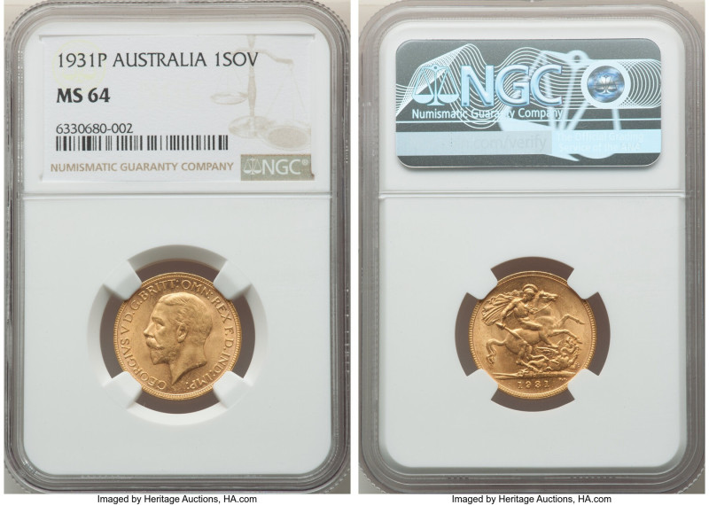 George V gold Sovereign 1931-P MS64 NGC, Perth mint, KM32, S-4002. Jade and rose...