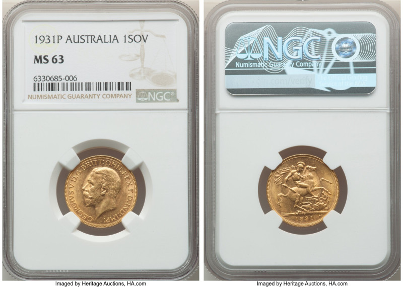 George V gold Sovereign 1931-P MS63 NGC, Perth mint, KM32, S-4002. Weakly struck...