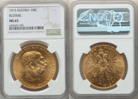 Franz Joseph I gold Restrike 100 Corona 1915 MS65 NGC, Vienna mint, KM2819. A stunning example featuring a pinpoint strike, complemented by radiant lu...