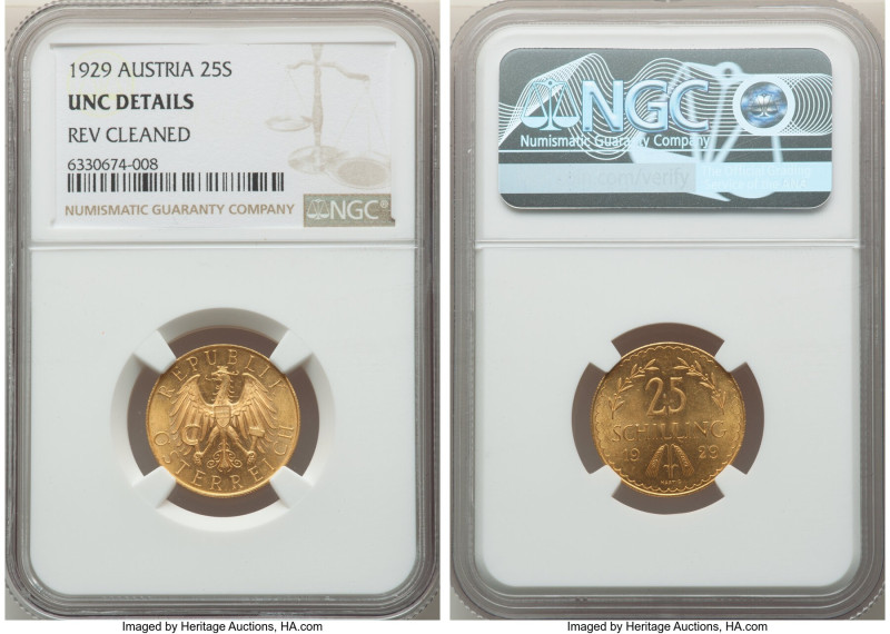 Republic gold 25 Schilling 1929 UNC Details (Reverse Cleaned) NGC, Vienna mint, ...