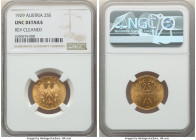 Republic gold 25 Schilling 1929 UNC Details (Reverse Cleaned) NGC, Vienna mint, KM2841, Fr-521. Mint bloom luster with light apricot tone. 

HID098012...