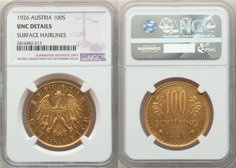 Republic gold 100 Schilling 1926 UNC Details (Surface Hairlines) NGC, Vienna min...