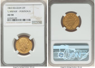 Leopold I gold 20 Francs 1865 AU58 NGC, Brussels mint, KM23. Position B, "L WIENER" variety. 

HID09801242017

© 2022 Heritage Auctions | All Rights R...